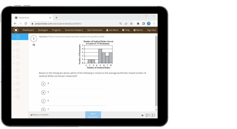 PrepScholar ACT diagnostic test screen used to identify student strengths and weaknesses